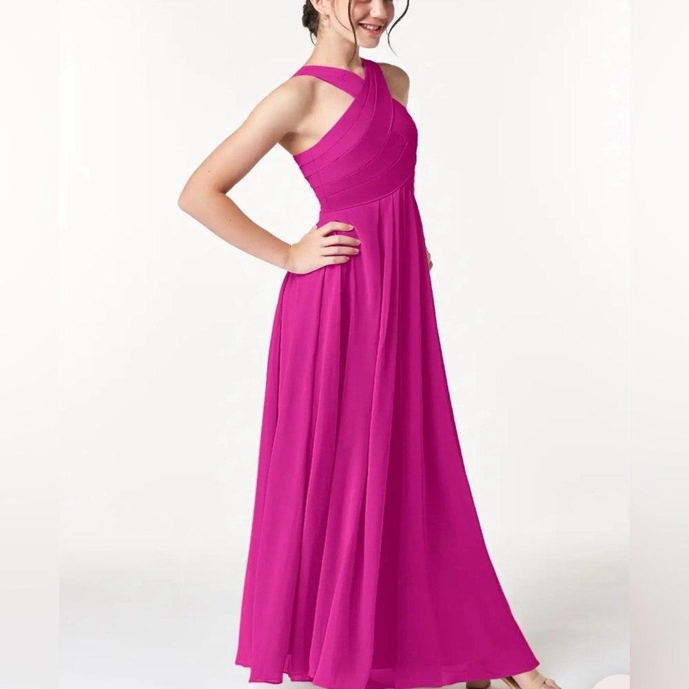 Azazie Fuchsia Pink Kaleigh Junior Princess Halter Maxi Chiffon Bridesmaid Dress